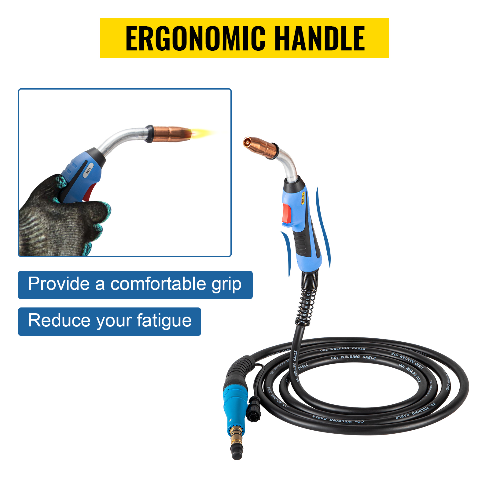 VEVOR mig metināšanas pistole ar ergonomisku rokturi ērtai satveršanai, kas samazina nogurumu.