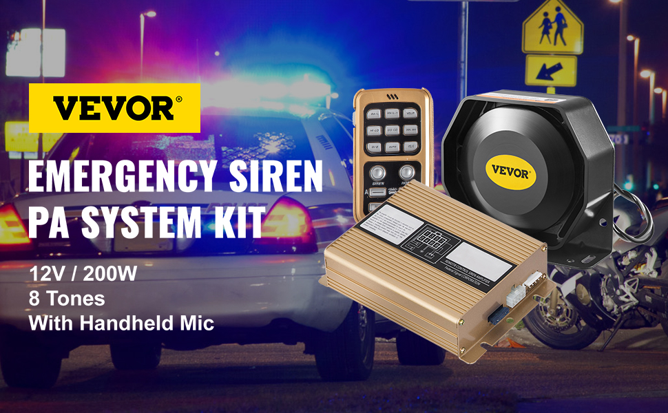 VEVOR car siren emergency pa system kit with 8 tones, 12v/200w, handheld mic.