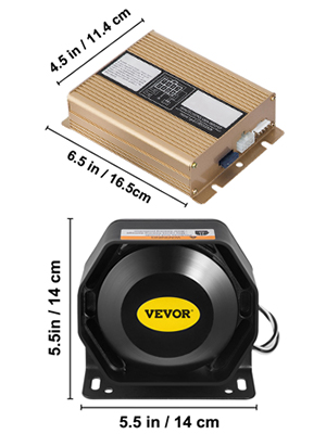 VEVOR car siren with dimensions: amplifier 6.5x4.5 in, speaker 5.5x5.5 in.