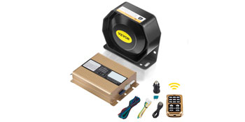 VEVOR car siren kit with control box, remote, and wiring accessories.