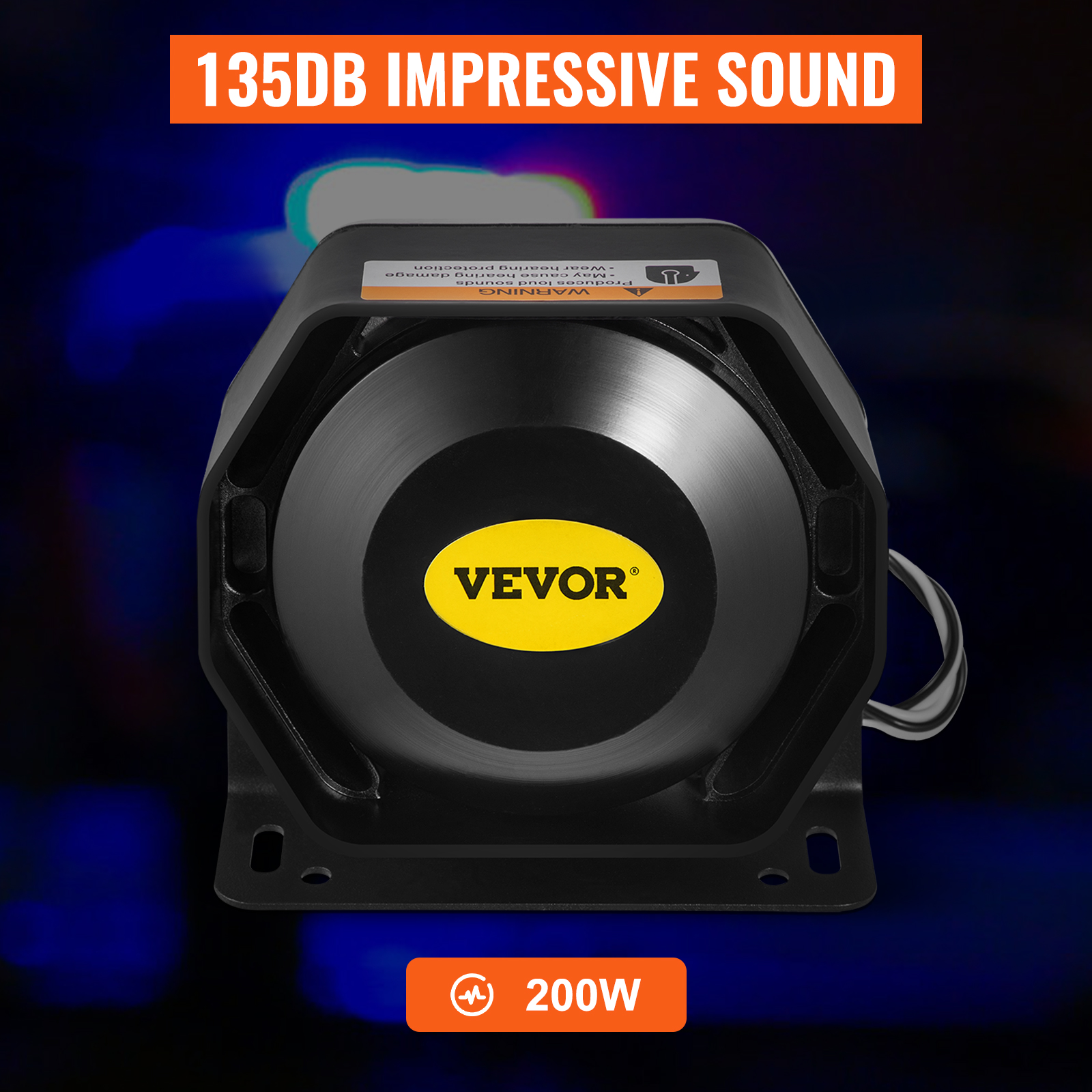 VEVOR car siren, 135db impressive sound, 200w front view with blue background.