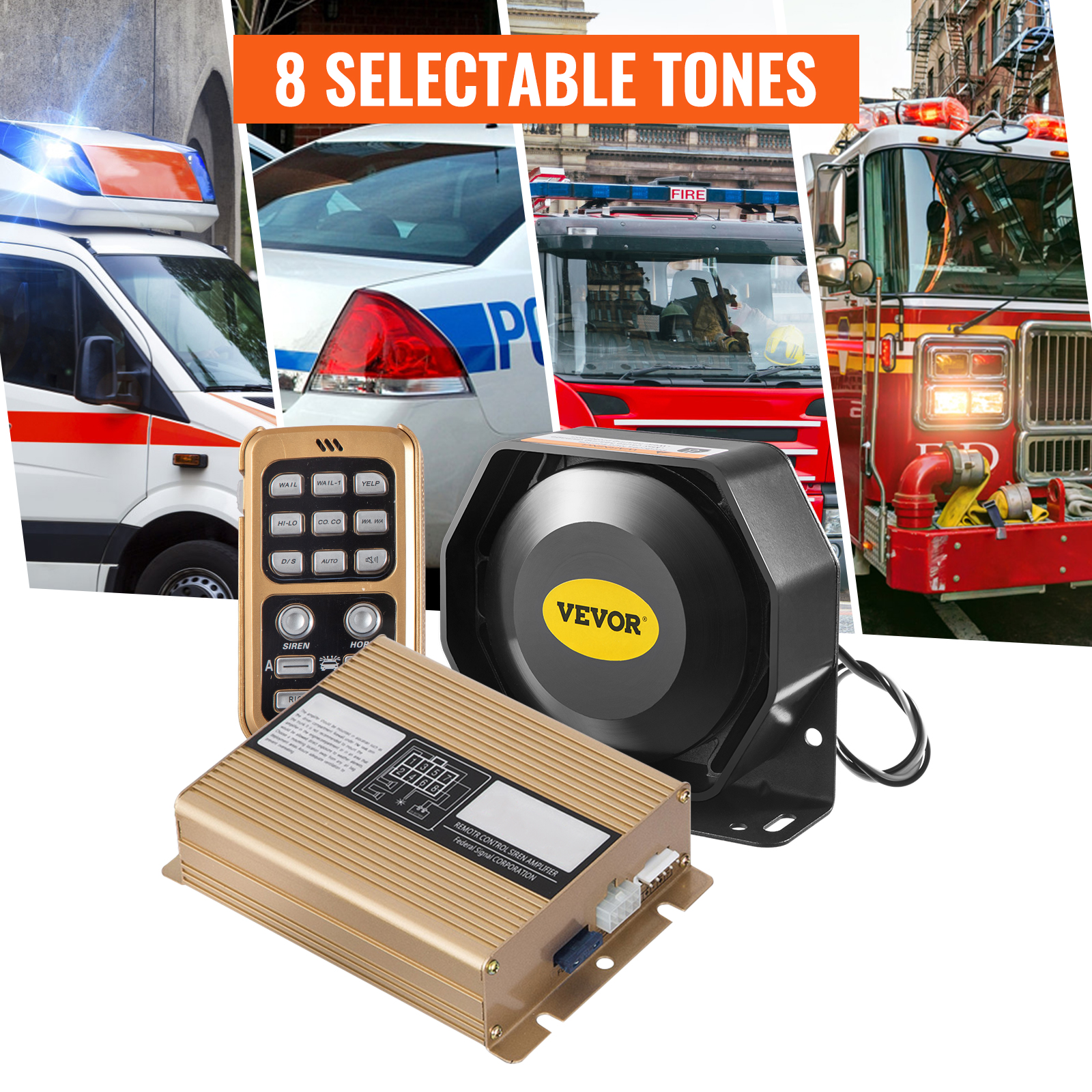 VEVOR car siren with control unit, 8 selectable tones, emergency vehicles in the background.