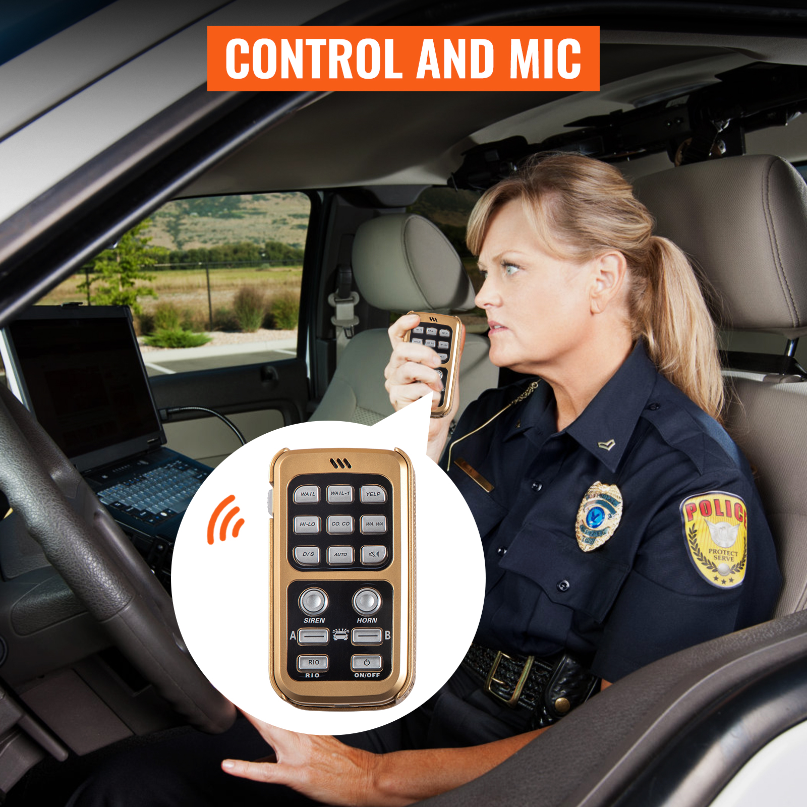 police officer using VEVOR car siren control and mic inside a patrol vehicle.