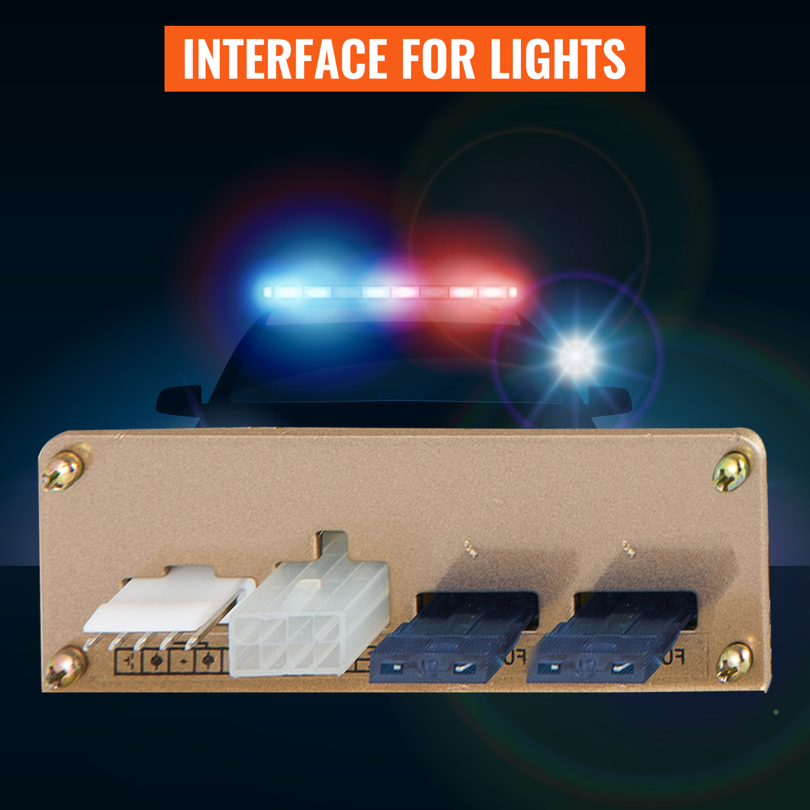 VEVOR car siren interface for lights, connectors and police car lights in background.