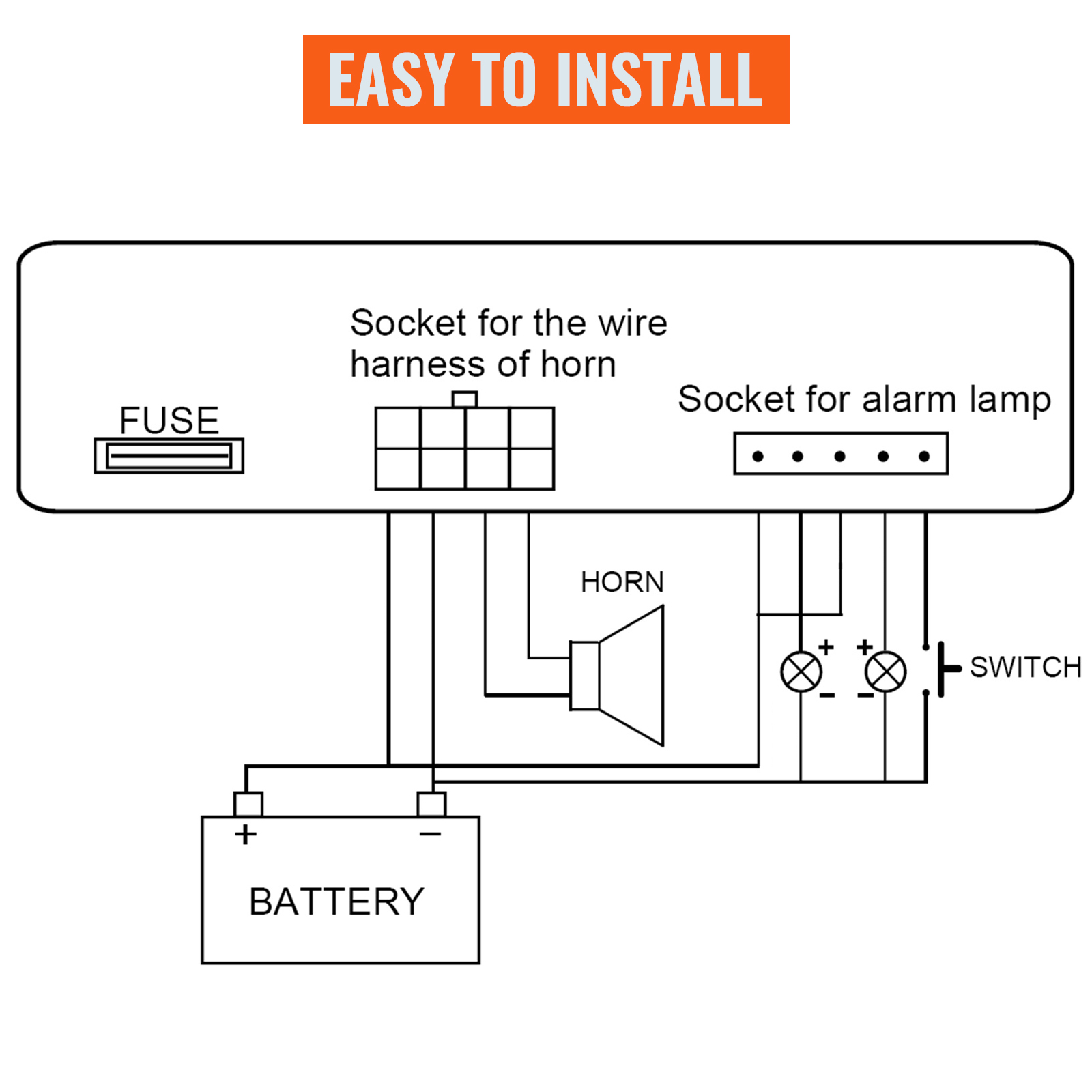 easy-to-install VEVOR car siren wiring diagram with fuse, sockets, and switch.