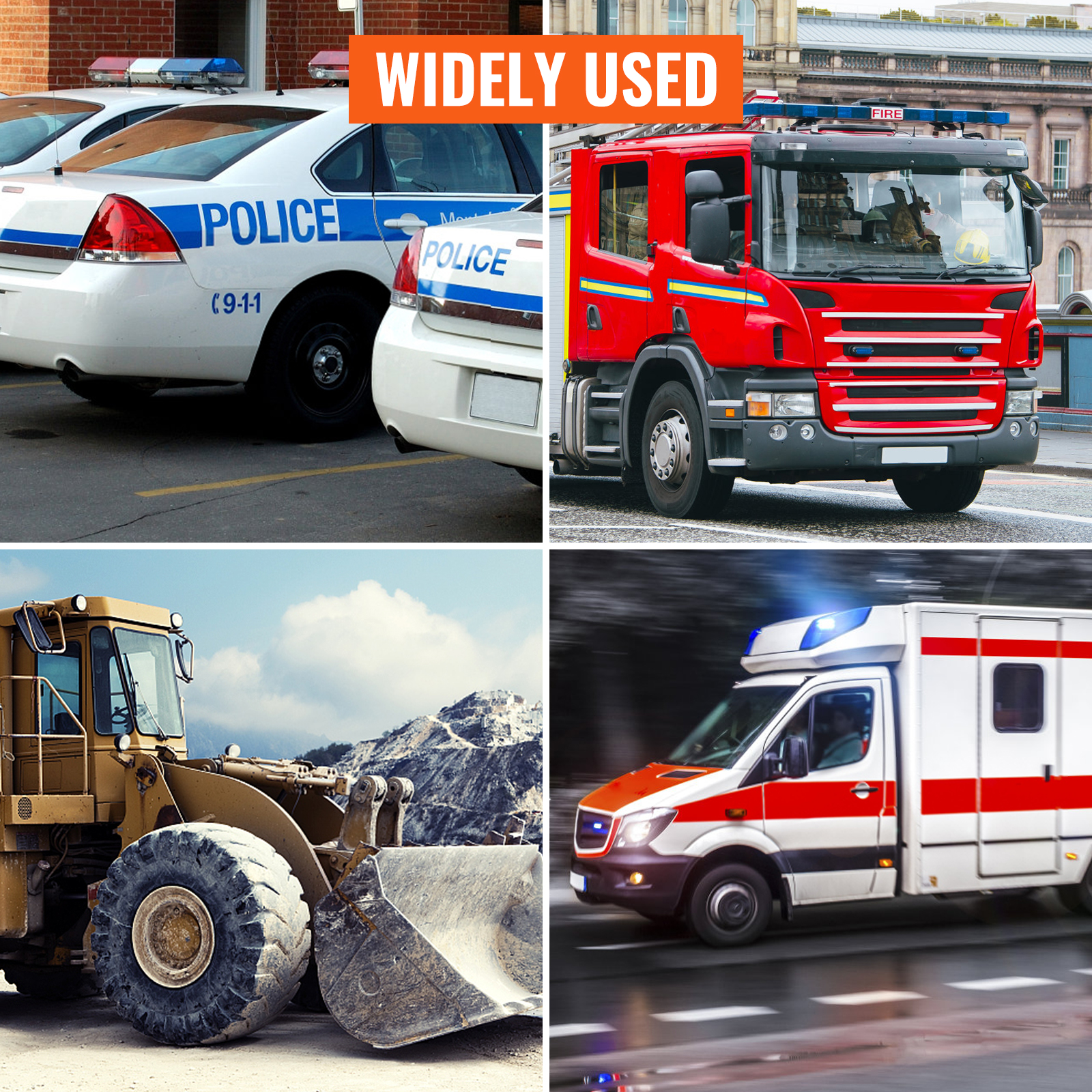 police cars, fire truck, bulldozer, and ambulance showcasing VEVOR car siren. widely used.