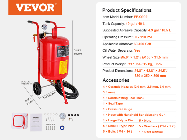 VEVOR smilšu smidzinātājs ar piederumiem un produktu specifikācijām salīdzinājuma tabulā.