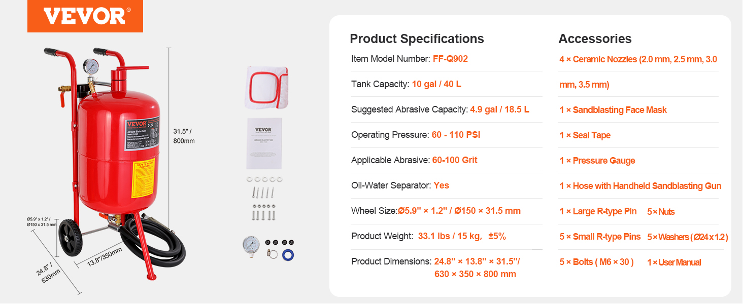 VEVOR smilšu smidzinātājs ar piederumiem un produktu specifikācijām salīdzinājuma tabulā.