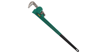 green and black VEVOR pipe wrench with a sturdy metal jaw and a long handle.