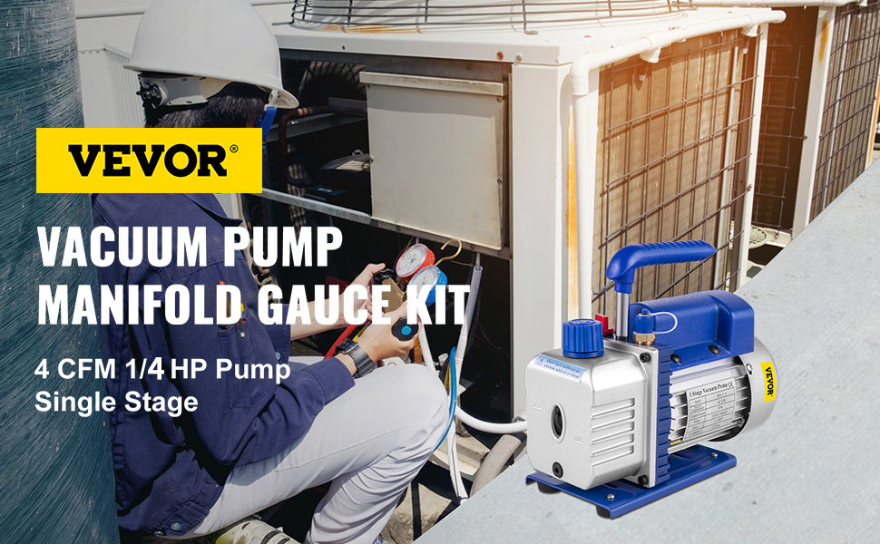 technician using VEVOR vacuum pump manifold gauge kit for hvac maintenance.