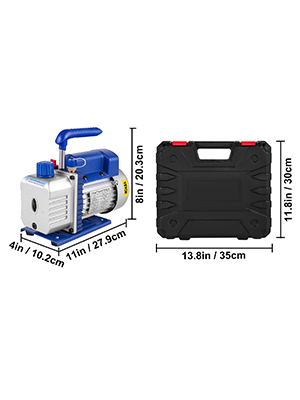 VEVOR vacuum pump with carrying case and dimensions displayed.