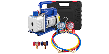 VEVOR vacuum pump with gauge set, hoses, and black carrying case.