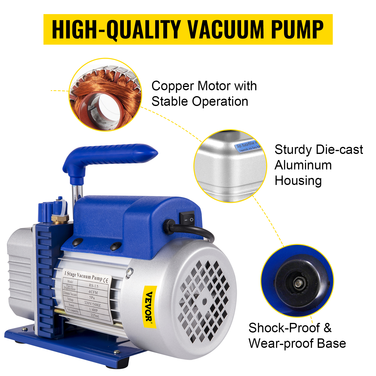 VEVOR vacuum pump with copper motor, aluminum housing, and shock-proof base.