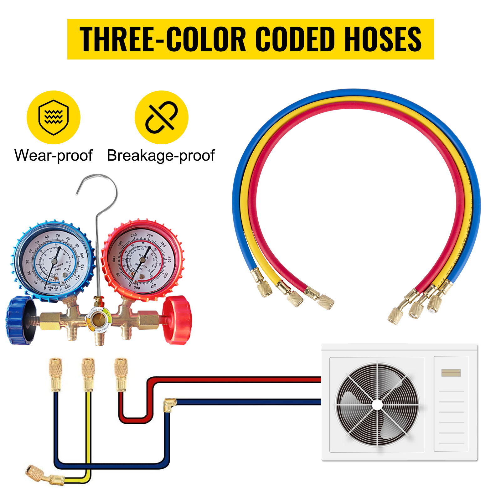 VEVOR vacuum pump with three-color coded hoses, wear-proof and breakage-proof.