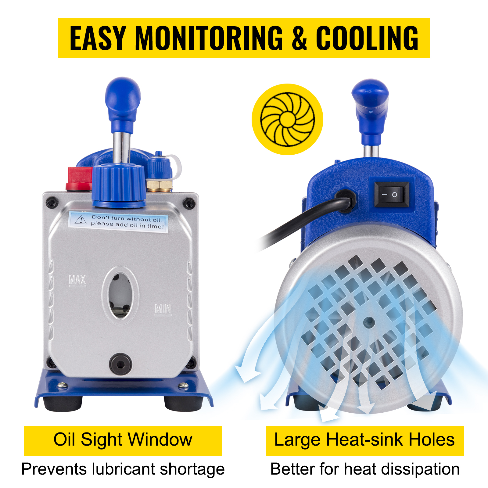 VEVOR vacuum pump with oil sight window and large heat-sink holes. easy monitoring.
