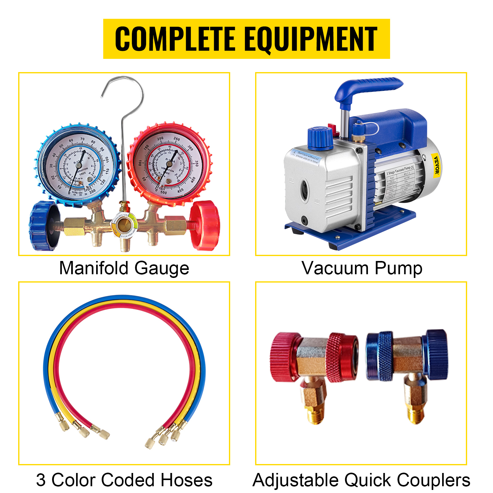 VEVOR vacuum pump with manifold gauge, 3 color coded hoses, and adjustable quick couplers.