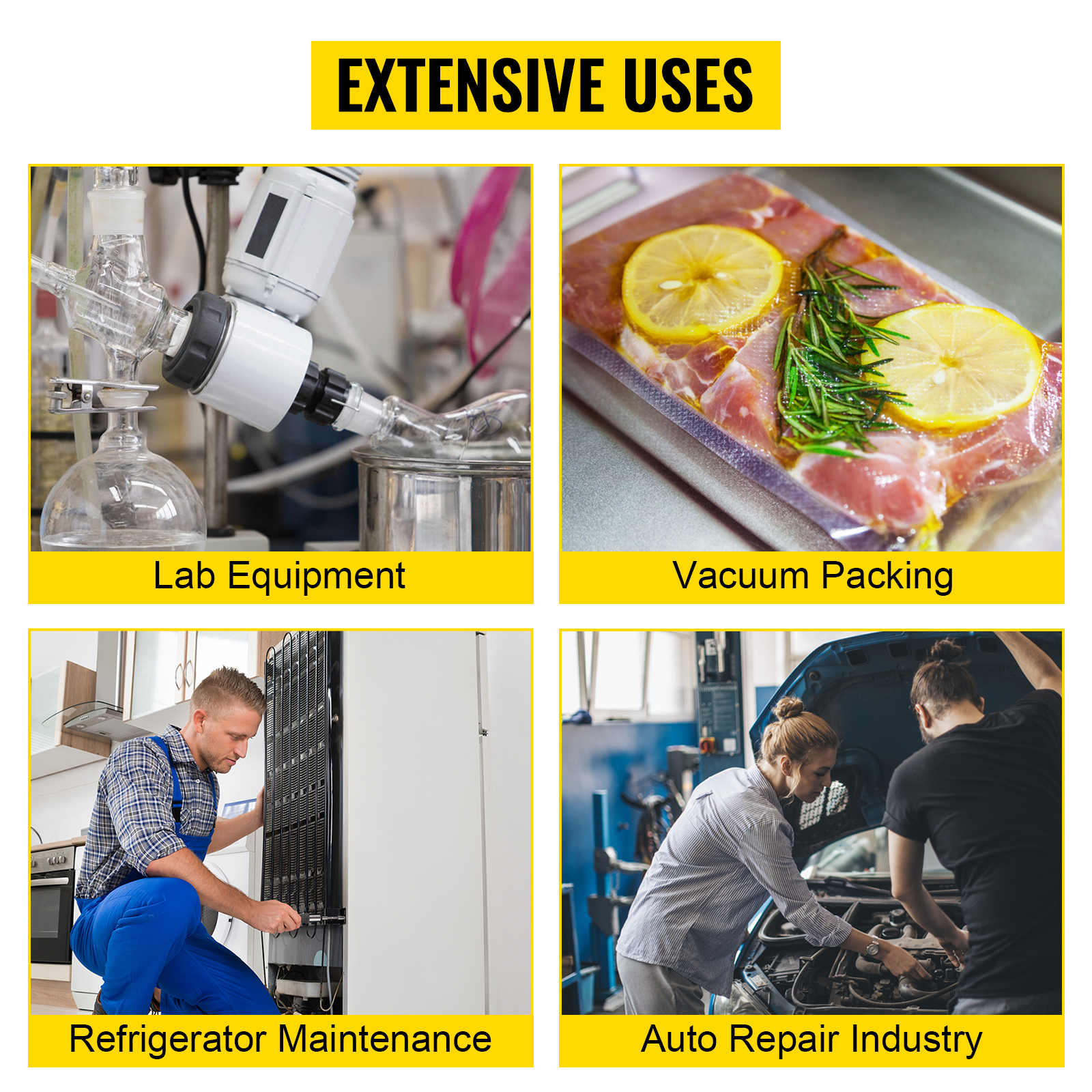 VEVOR vacuum pump uses: lab equipment, vacuum packing, refrigerator maintenance, auto repair.