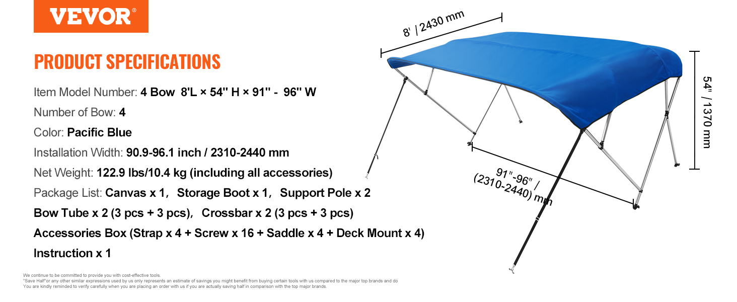 VEVOR bimini laivas pārsegs, pacific blue, 4 priekšgala, 8'l x 54 "h x 91"-96 "w, 90.9-96.1" uzstādīšanas platums.
