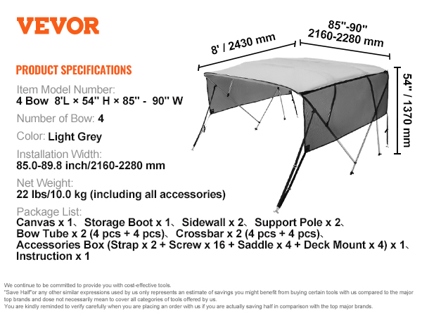 VEVOR bimini top boat cover, 4 bow, light grey, 85"-90" w x 54" h x 8' l, installation width 2160-2280 mm.