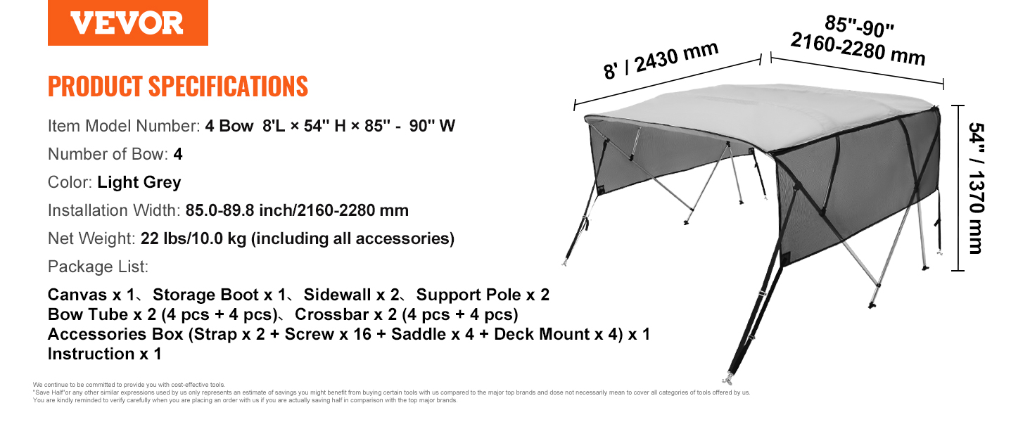 VEVOR bimini top boat cover, 4 bow, light grey, 85"-90" w x 54" h x 8' l, installation width 2160-2280 mm.