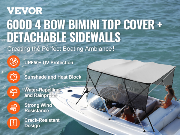 VEVOR bimini top boat cover with detachable sidewalls on a white speedboat, offers uv protection and durability.