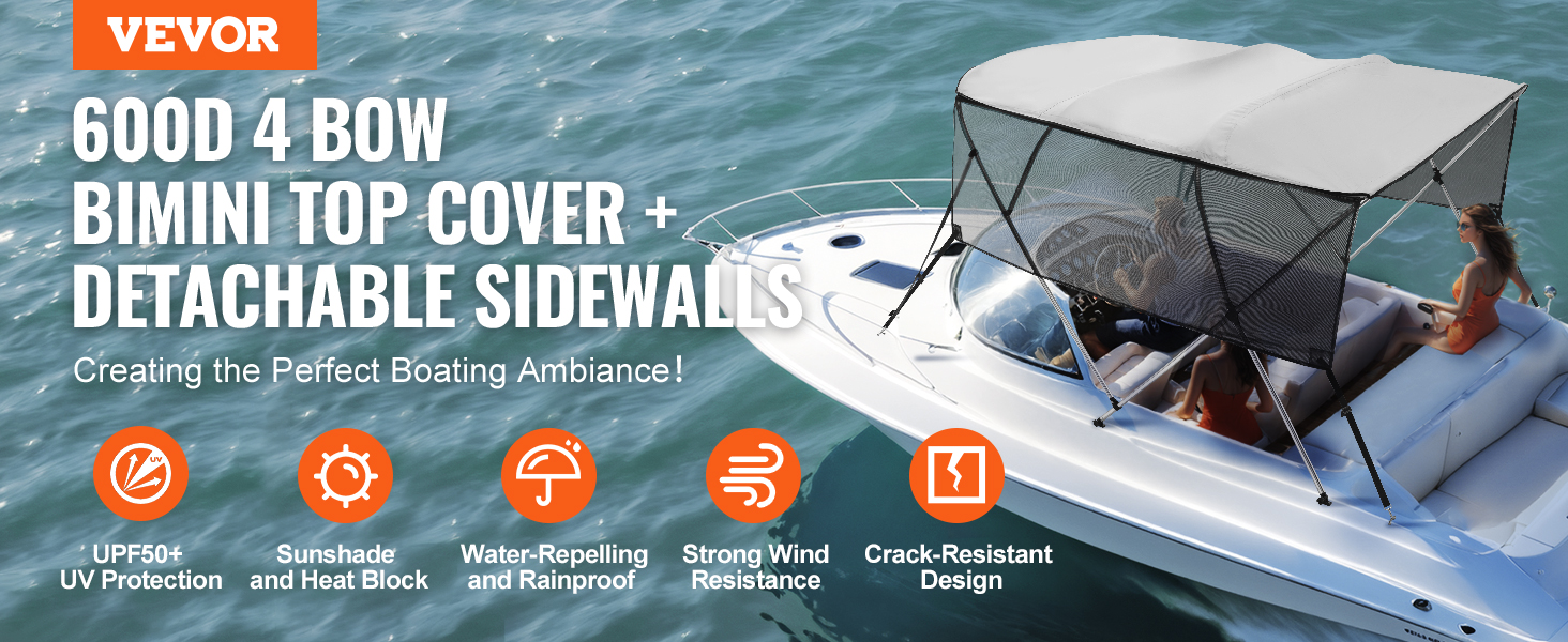 VEVOR bimini top boat cover with detachable sidewalls on a white speedboat, offers uv protection and durability.