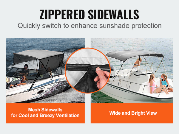 VEVOR bimini top boat cover with zippered sidewalls for enhanced sunshade protection, mesh ventilation, and broad view.