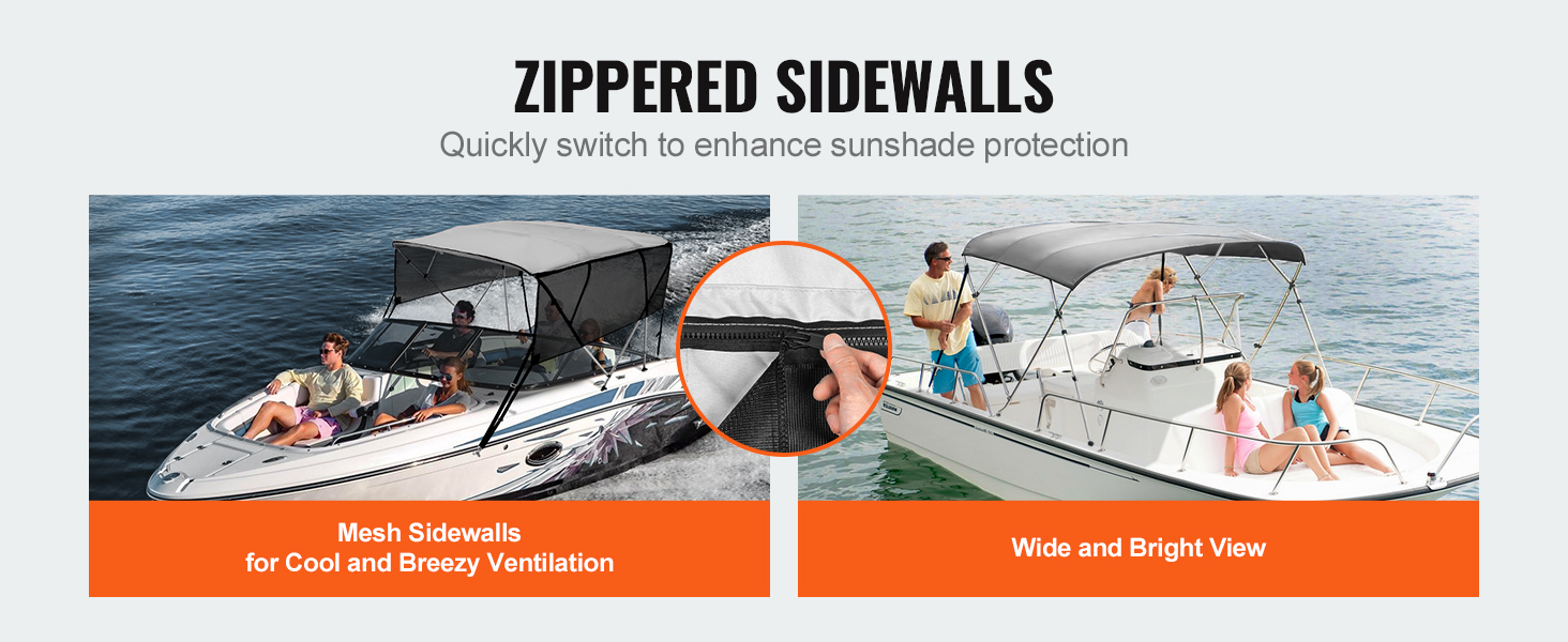 VEVOR bimini top boat cover with zippered sidewalls for enhanced sunshade protection, mesh ventilation, and broad view.