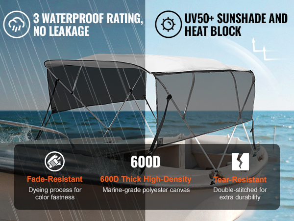 VEVOR bimini top boat cover in rain and sun, fade-resistant, 600d polyester, uv50+ protection, tear-resistant.