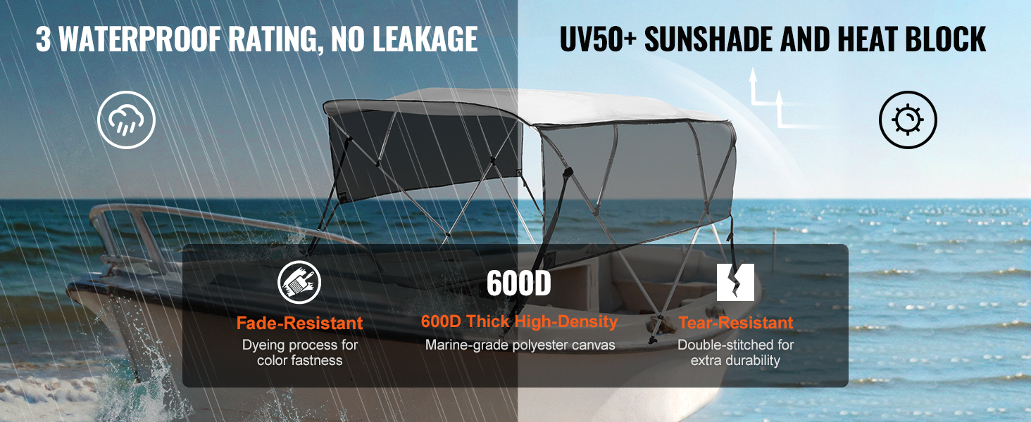 VEVOR bimini top boat cover in rain and sun, fade-resistant, 600d polyester, uv50+ protection, tear-resistant.