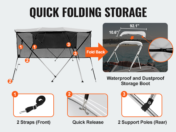 quick folding VEVOR bimini top boat cover with waterproof storage, straps, and support poles.