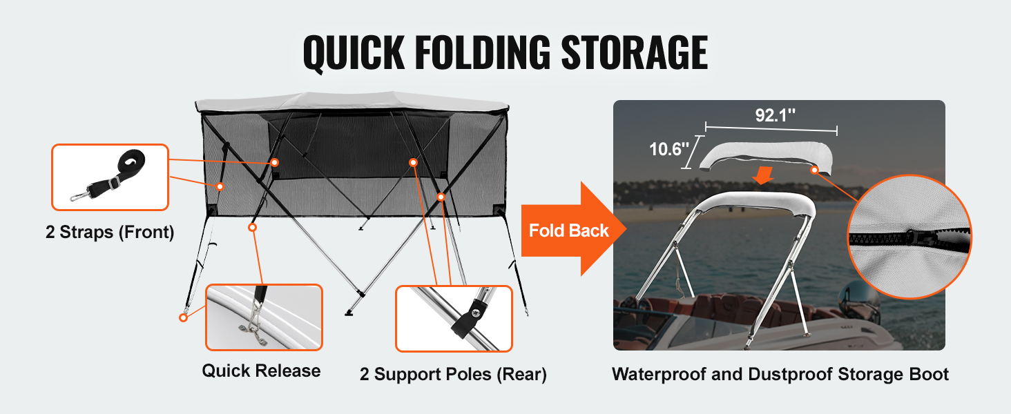 quick folding VEVOR bimini top boat cover with waterproof storage, straps, and support poles.