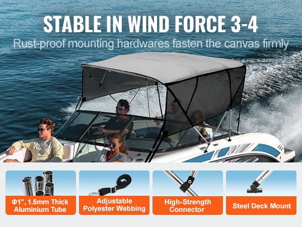 VEVOR bimini top boat cover on white speedboat showing aluminum tubes, polyester webbing, and deck mount