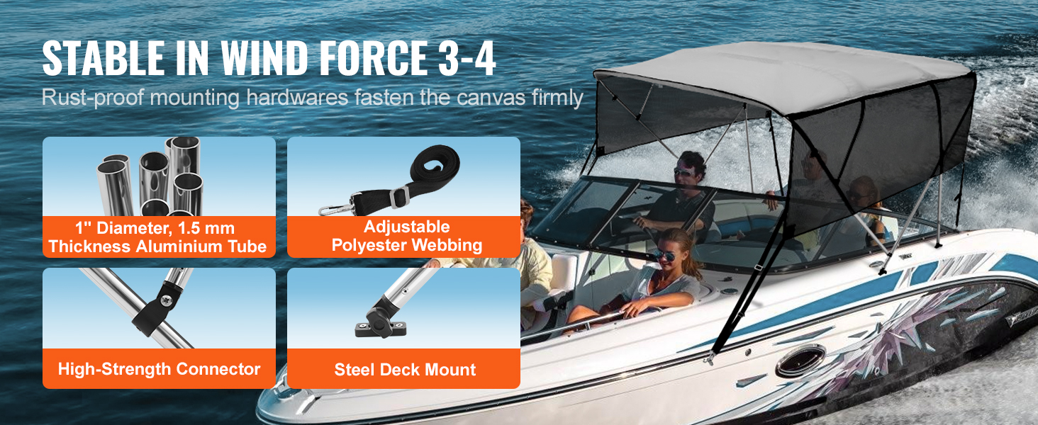VEVOR bimini top boat cover: 1" aluminum tube, polyester webbing, high-strength connector, steel deck mount.