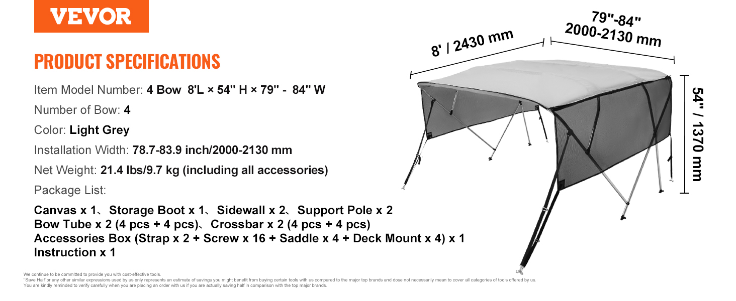 VEVOR bimini top boat cover, light grey, 4 bow, 8'l × 54"h × 79"-84"w, includes accessories.