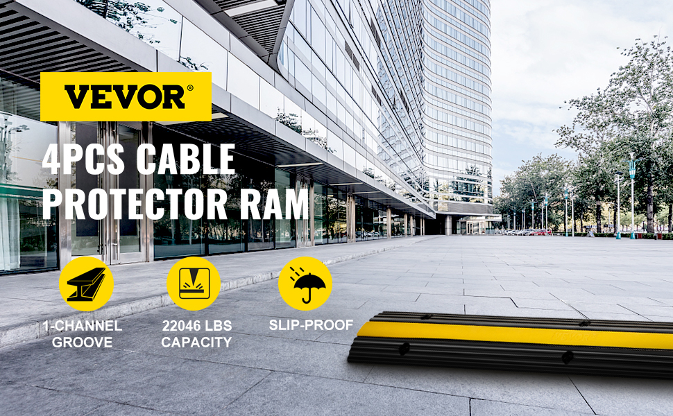 VEVOR cable protector ramp, 1-channel, 22046 lbs capacity, slip-proof, city background.
