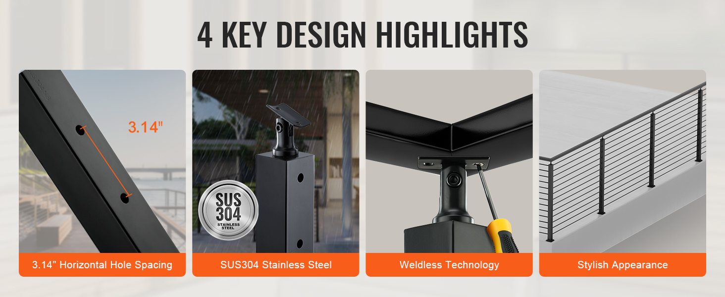 4 key highlights of VEVOR cable railing post: 3.14" hole spacing, sus304 stainless steel, weldless tech, stylish design.