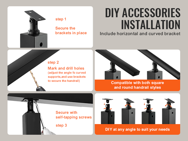 VEVOR cable railing post installation steps with brackets, drilling, and screws for square and round handrails.