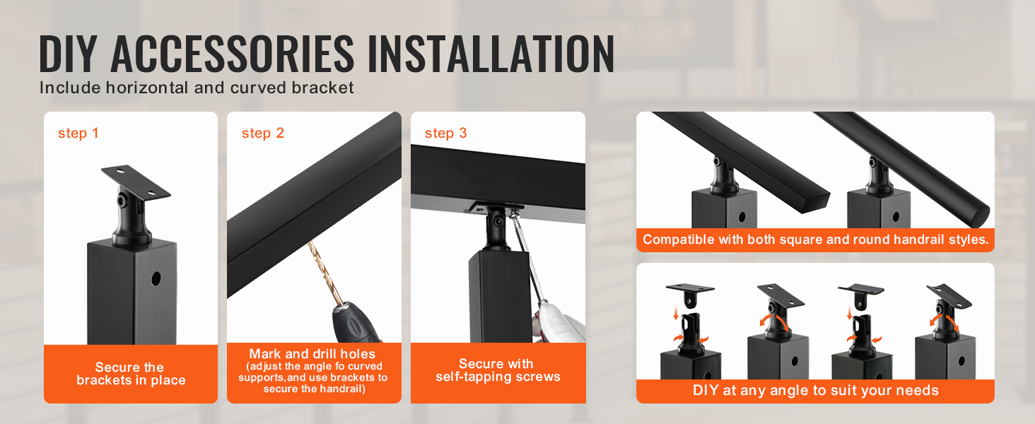 VEVOR cable railing post installation steps with brackets, drilling, and screws for square and round handrails.
