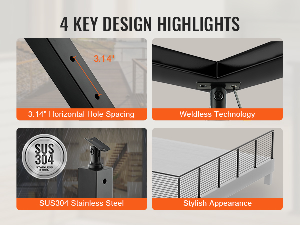 VEVOR cable railing post showcasing 3.14" hole spacing, sus304 stainless steel, weldless technology, stylish look.