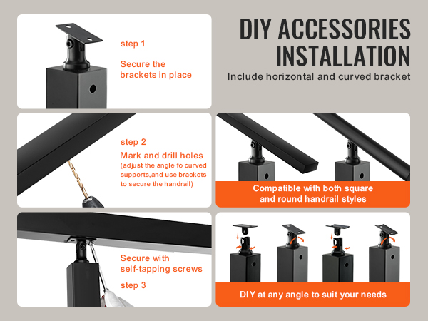diy installation guide for VEVOR cable railing post with brackets and self-tapping screws for various angles.