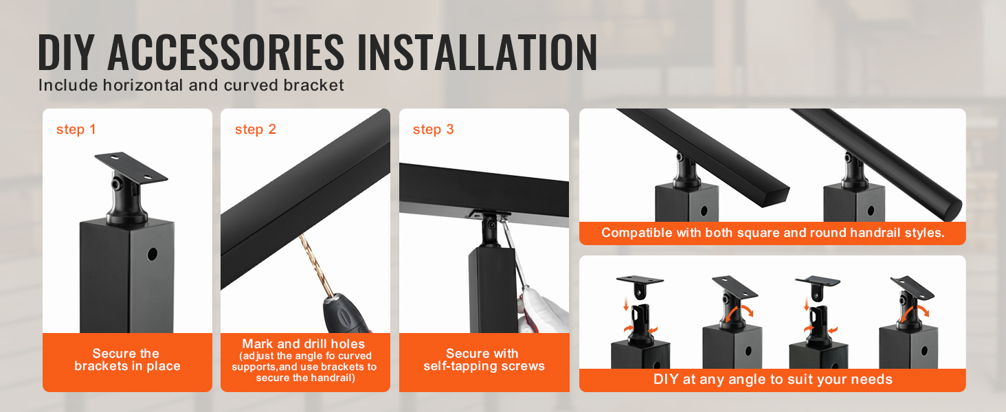 diy installation guide for VEVOR cable railing post with brackets and self-tapping screws for various angles.