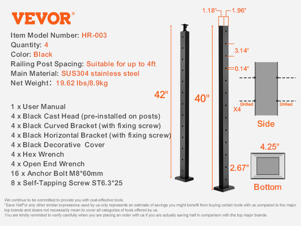 VEVOR cable railing post with 12 holes, black sus304 steel, 40-42 inches, includes bolts and brackets.