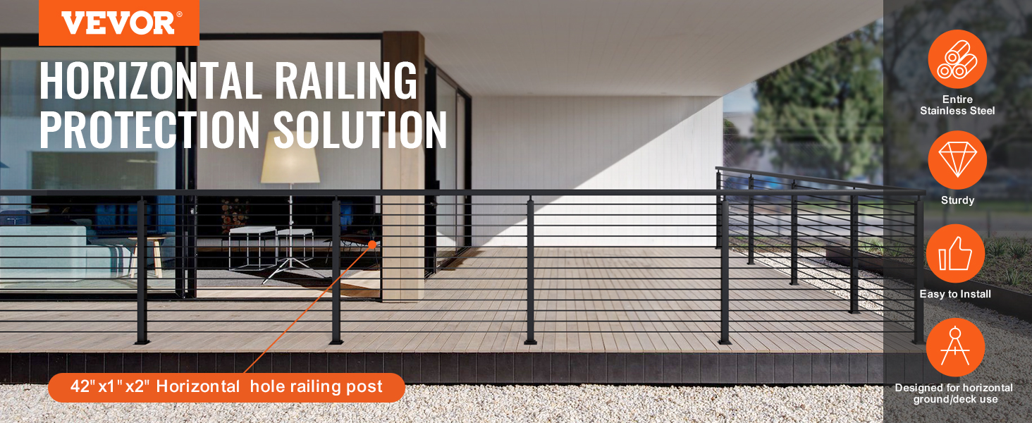 VEVOR cable railing post for horizontal railing protection on a deck with stainless steel construction.