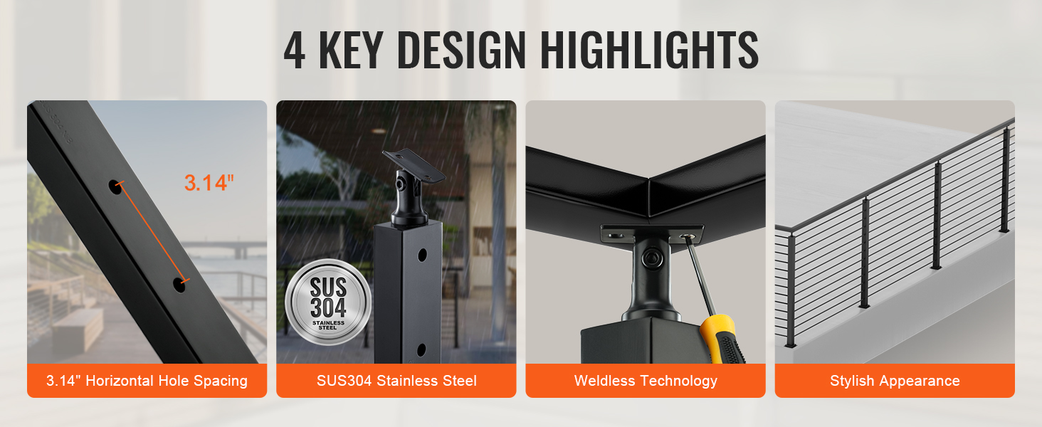 VEVOR cable railing post with sus304 stainless steel, weldless technology, stylish design, and 3.14" hole spacing.