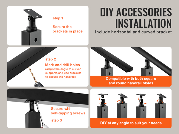 diy accessories installation for VEVOR cable railing post; secure brackets, drill holes, attach handrail.