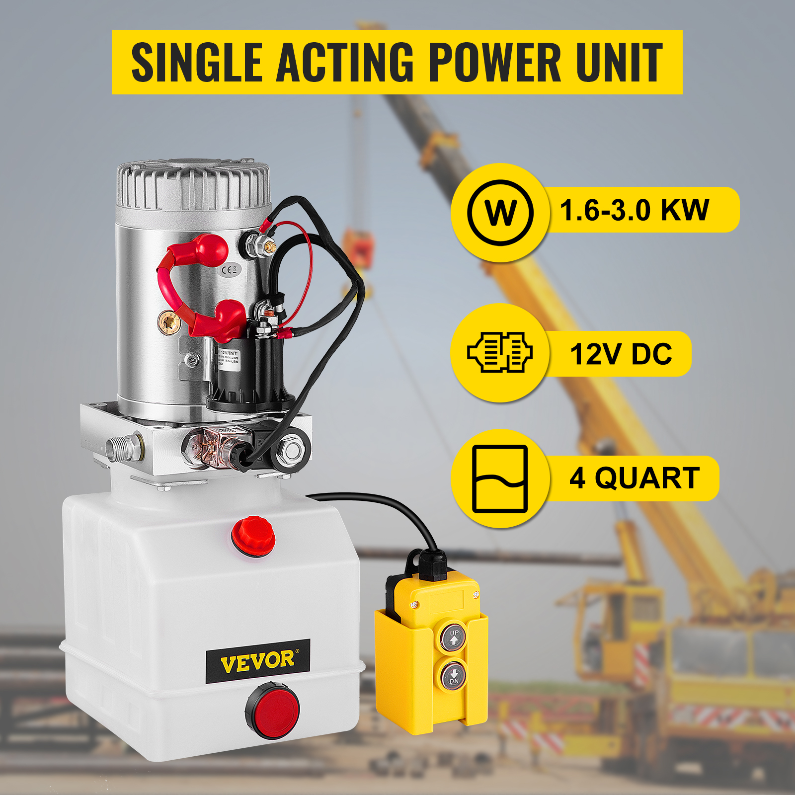 VEVOR hidrauliskā sūkņa bloks, 1,6-3,0 kw, 12 V līdzstrāvas, 4 kvartālu tilpums, dzeltena vadības kārba.