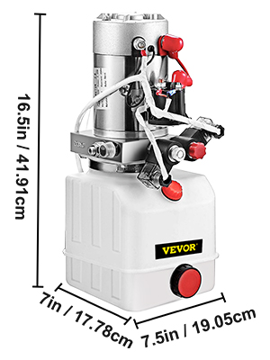 VEVOR hydraulic pump, dimensions 16.5in x 7.5in x 7in, with control switches.