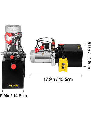 VEVOR hydraulic pump with dimensions 17.9in x 5.9in x 5.9in, black and silver casing.