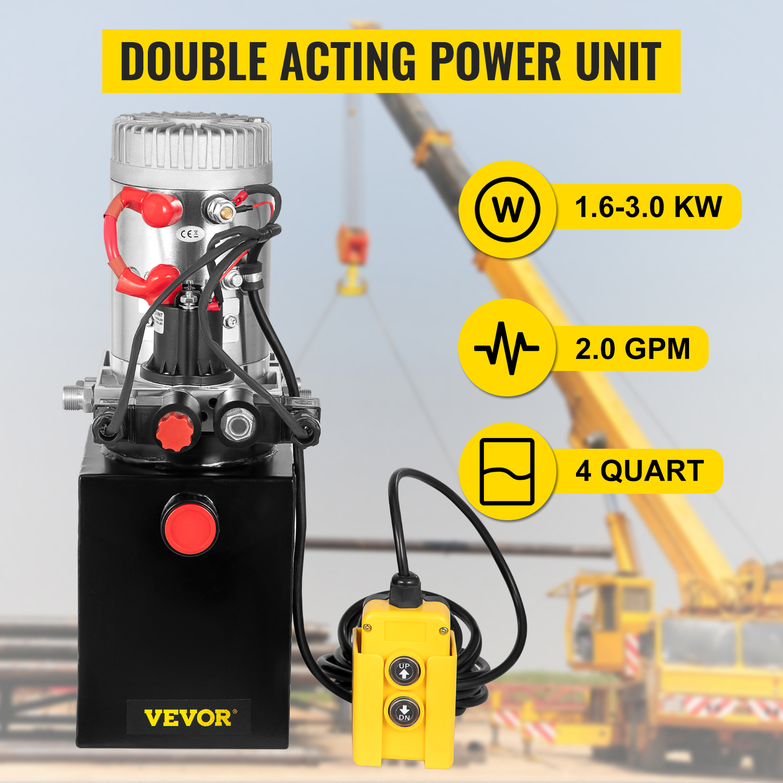 VEVOR hydraulic pump, double acting power unit, 1.6-3.0 kw, 2.0 gpm, 4 quart capacity.